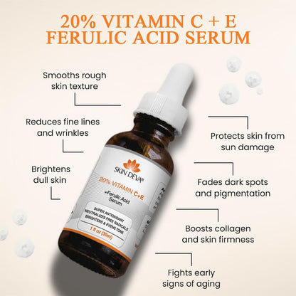 SKIN DEVA 20% Vitamin C Serum for Face with Vitamin E Plus Ferulic Acid Skincare Water Based 1 fl oz 30 ML Rejuvenates Skin to Fresh & Neutralizes Free Radicals to Brighten Even Vitamin Serum