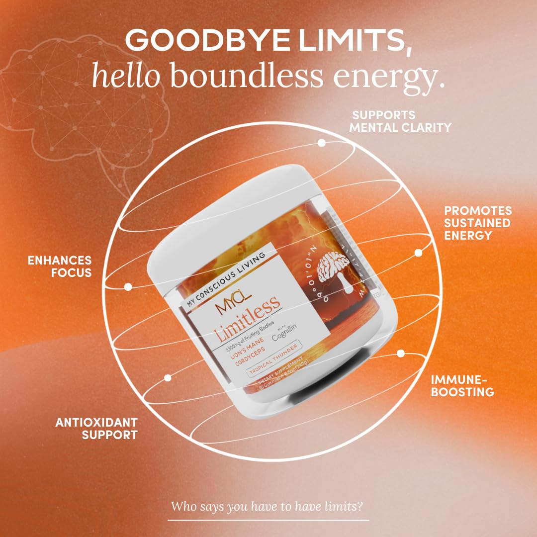 MYCL Limitless Mushroom Gummies | 320mg Lion’s Mane & Cordyceps Fruiting Body + 180mg Cognizin® Citicoline | Focus, Mental Clarity & Energy Support | Vegan, Organic, Gluten-Free | 30 Servings