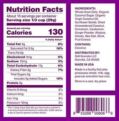 gr8nola CINNAMON CHAI - Healthy, Low Sugar, Vegan Granola Cereal - Made with Superfoods Cinnamon, Ginger and Cardamom, Soy Free, Dairy Free and No Refined Sugar - 10oz Resealable Bag