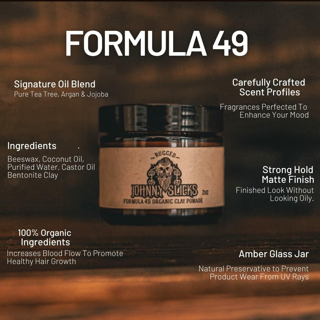 Johnny Slicks Formula 49 Clay All Organic Pomade | Firm Hold & Matte Finish (Promotes Healthy Hair Growth, Helps Hydrate Dry Skin), Rugged 2-ounce