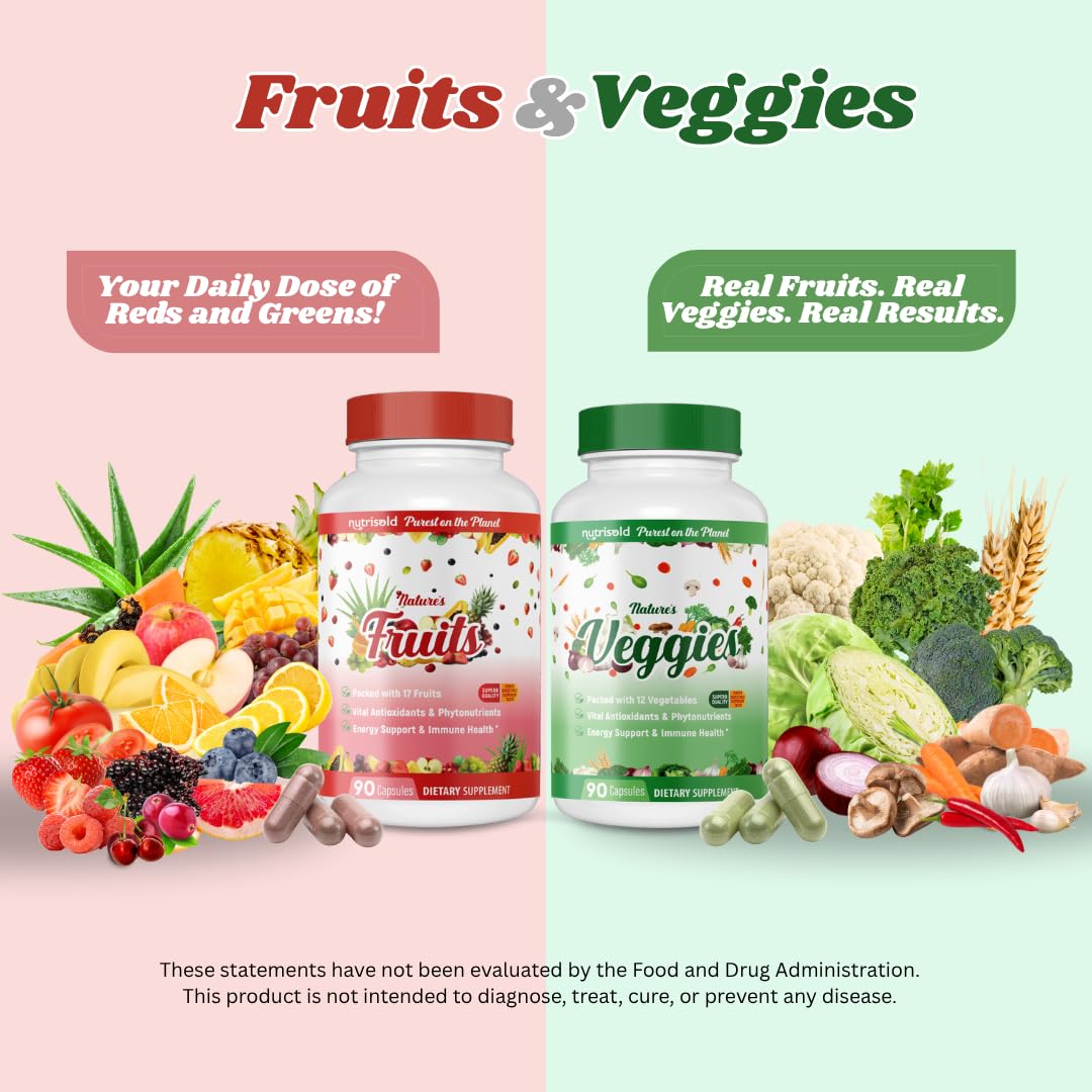Nutrisold Whole Food Fruits & Vegetables Supplement – Superfood Blend for Energy, Digestion & Immune Support – 90 Fruit & 90 Veggie Capsules – Made in USA