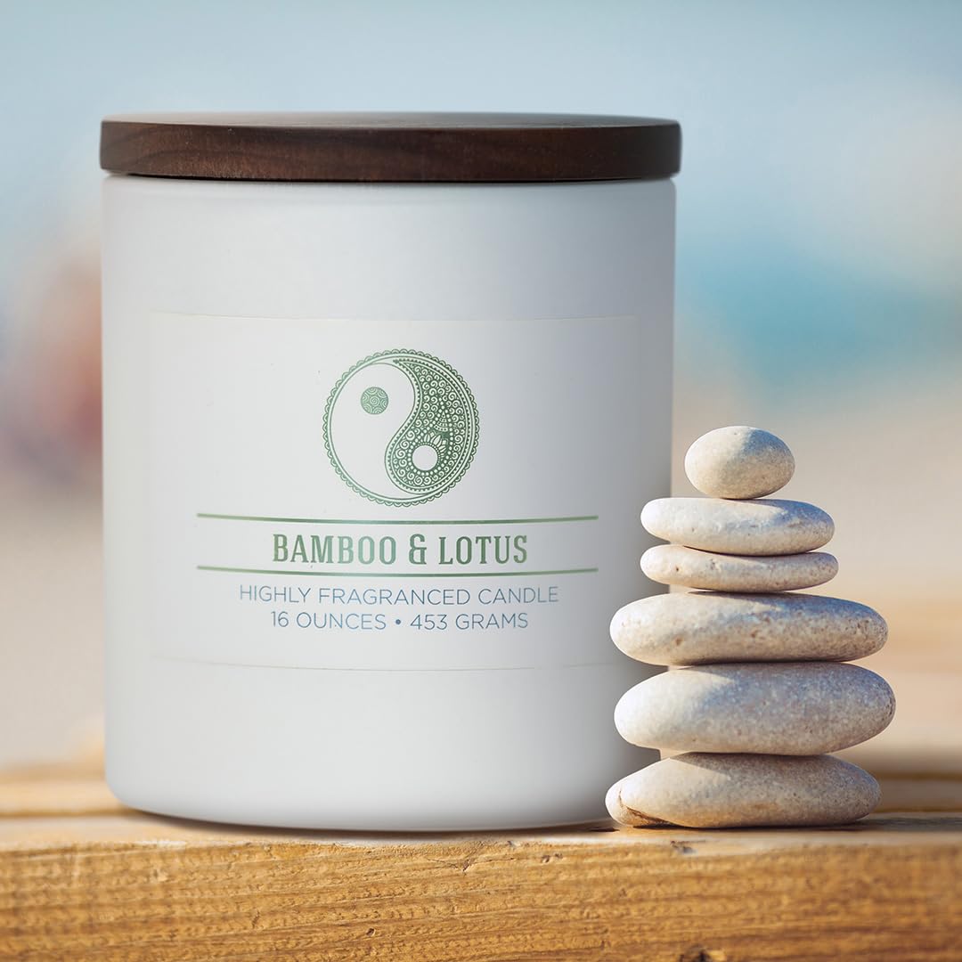 Carolina Bamboo Lotus Scented Candle, 16 oz Wellness Relaxing Aromatherapy Candle, 2 Wick White Jar Soy Blend Wax, Candles for Home, 60H Burn - Made in The USA