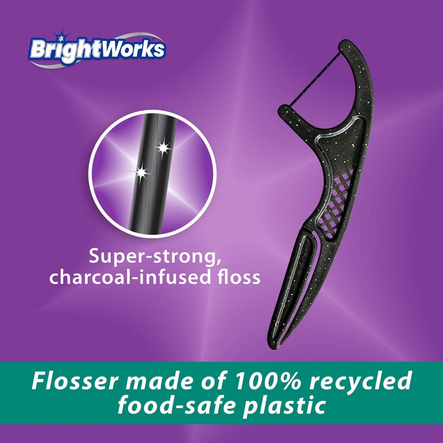 Brightworks ECO Sustainable Floss Picks - 225 Count - PTFE & PFAS Free - Made in USA Charcoal + Mint Infused 100% Post-Consumer Recycled Plastic with Micro-Crystals for Oral Care Hygiene Gum Health