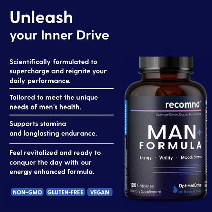 recomnd Nutrition - Man+ Formula, Energy Support, Muscle Support, and Prostate Health Supplements for Men with Vitamin E, Saw Palmetto, Red Korean Ginseng, and More, 120 Capsules