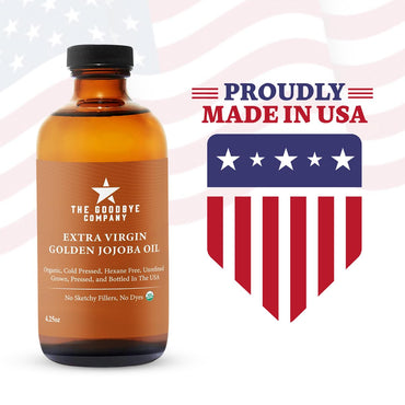 The Goodbye Company USDA Organic Extra Virgin Golden Jojoba Oil – 4.25 Fl Oz; Cold Pressed Unrefined Pure Jojoba Oil Certified Organic for Body and Facial Skin and Hair; USA Sourced with No Additives