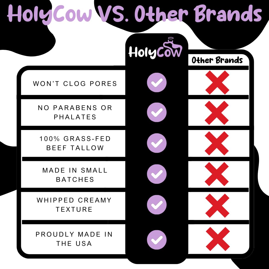 HolyCow Beef Tallow For Skin - Whipped Tallow Balm with Organic Jojoba Oil, Grass Fed Beef Tallow Face Moisturizer for Eczema, Baby, Lip Balm - Lotion For Extremely Dry Skin (Lavender Vanilla)