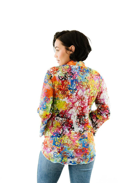 SNO SKINS Spring/Summer Collection Designer Print Crinkle Sweetheart Top with Stand Collar (Antiquity)