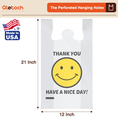 Glotoch 1000 Count - Plastic Thank You T-shirt Bags Smile Face White, 11.5 x 6.5"x 21" Grocery Bags with Handles for Restaurant, Retail, Grocery Store, Takeout, Convenience Stores, Shopping Bag in Bulk