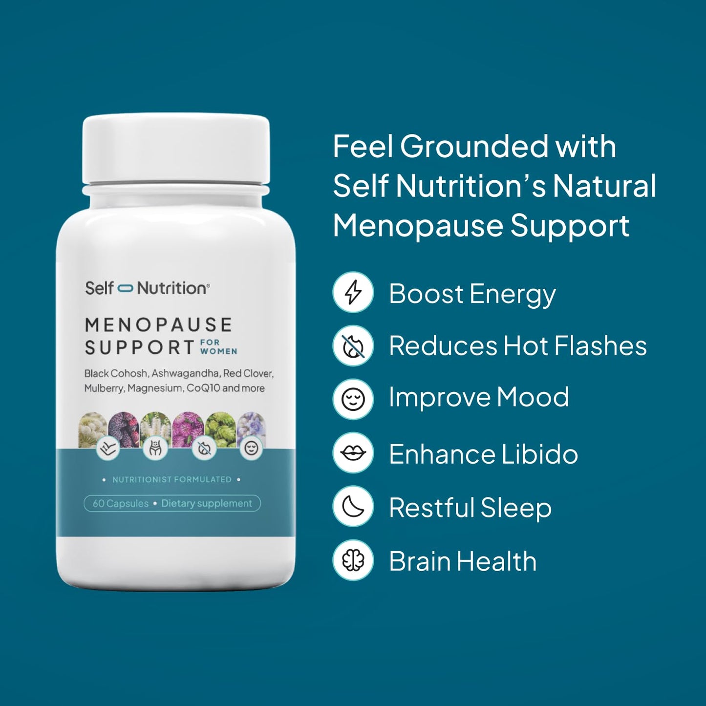SELF NUTRITION Menopause Support for Women -All-Natural, Hormone-Free Perimenopause & Menopause Support. Unique Blend for Hot Flashes, Mood, Energy, Sleep & More. Vegan, Gluten-Free, 60 Capsules.