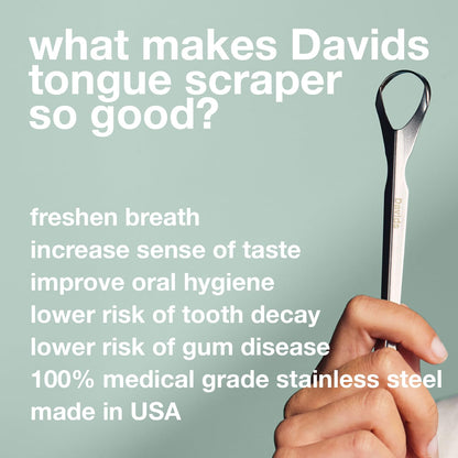 Davids Tongue Scraper for Adults and Kids, 100% Medical Grade Professional Stainless Steel Tongue Scraper, Made in USA