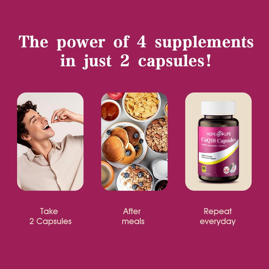 HOPE LIFE Coenzyme Q10 Supplements - 2X Better Absorption, Cellular Energy Support with Astaxanthin and Vitamin E, Antioxidant for Heart Health & Energy Production, 1 Month Supply, 60 Capsules