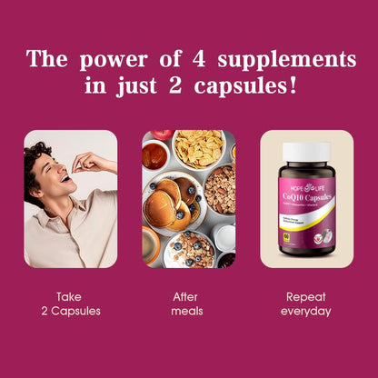 HOPE LIFE Coenzyme Q10 Supplements - 2X Better Absorption, Cellular Energy Support with Astaxanthin and Vitamin E, Antioxidant for Heart Health & Energy Production, 1 Month Supply, 60 Capsules