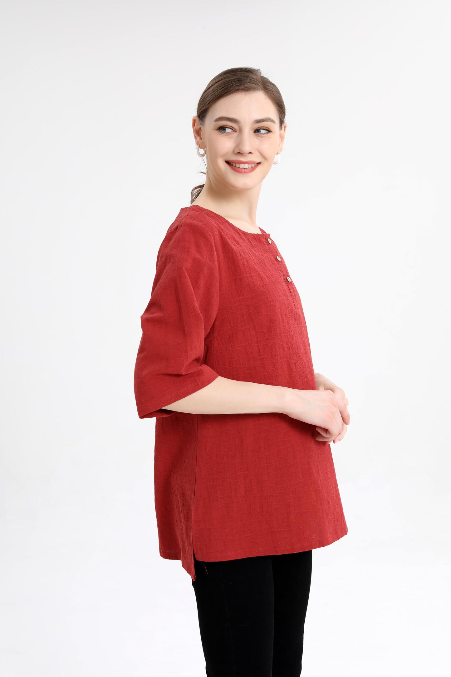 Minibee Women's 3/4 Sleeve Cotton Linen Jacquard Blouses Top T-Shirt(3XL, Red)