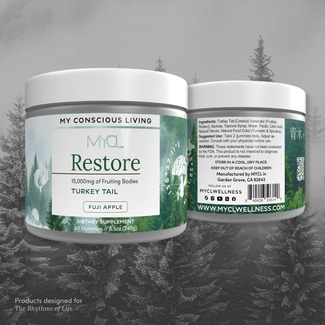 MYCL Restore Turkey Tail Mushroom Gummies for Adults and Kids, 500mg Whole Fruiting Bodies - TurkeyTail Mushroom Supplement - Vegan, Gluten Free - Fuji Apple 60 Count
