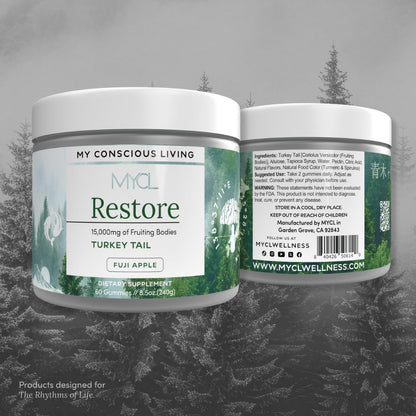 MYCL Restore Turkey Tail Mushroom Gummies for Adults and Kids, 500mg Whole Fruiting Bodies - TurkeyTail Mushroom Supplement - Vegan, Gluten Free - Fuji Apple 60 Count