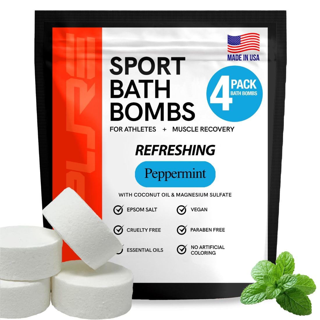 Pure Sport Refreshing Peppermint Bath Bombs - Magnesium Epsom Salt and Natural Essential Oils for Soaking, Relaxation Father’s Day Gifts, Post Workout Muscle Recovery Soak for Athletes, Made in USA