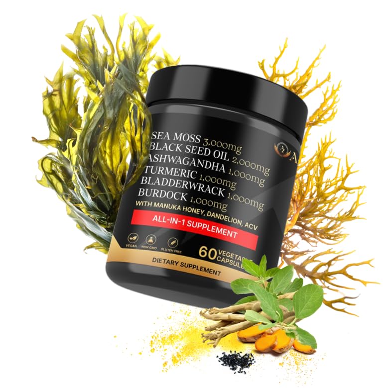 AZ ApexZone Sea Moss Capsules - Health Supplements - True Seamoss Black Seed Oil Ashwagandha Burdock Root, Tumeric Supplement with Manuka Honey, Dandelion Root ACV - 60 Capsules