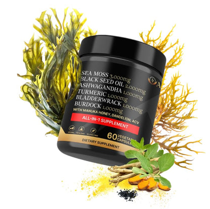 AZ ApexZone Sea Moss Capsules - Health Supplements - True Seamoss Black Seed Oil Ashwagandha Burdock Root, Tumeric Supplement with Manuka Honey, Dandelion Root ACV - 60 Capsules