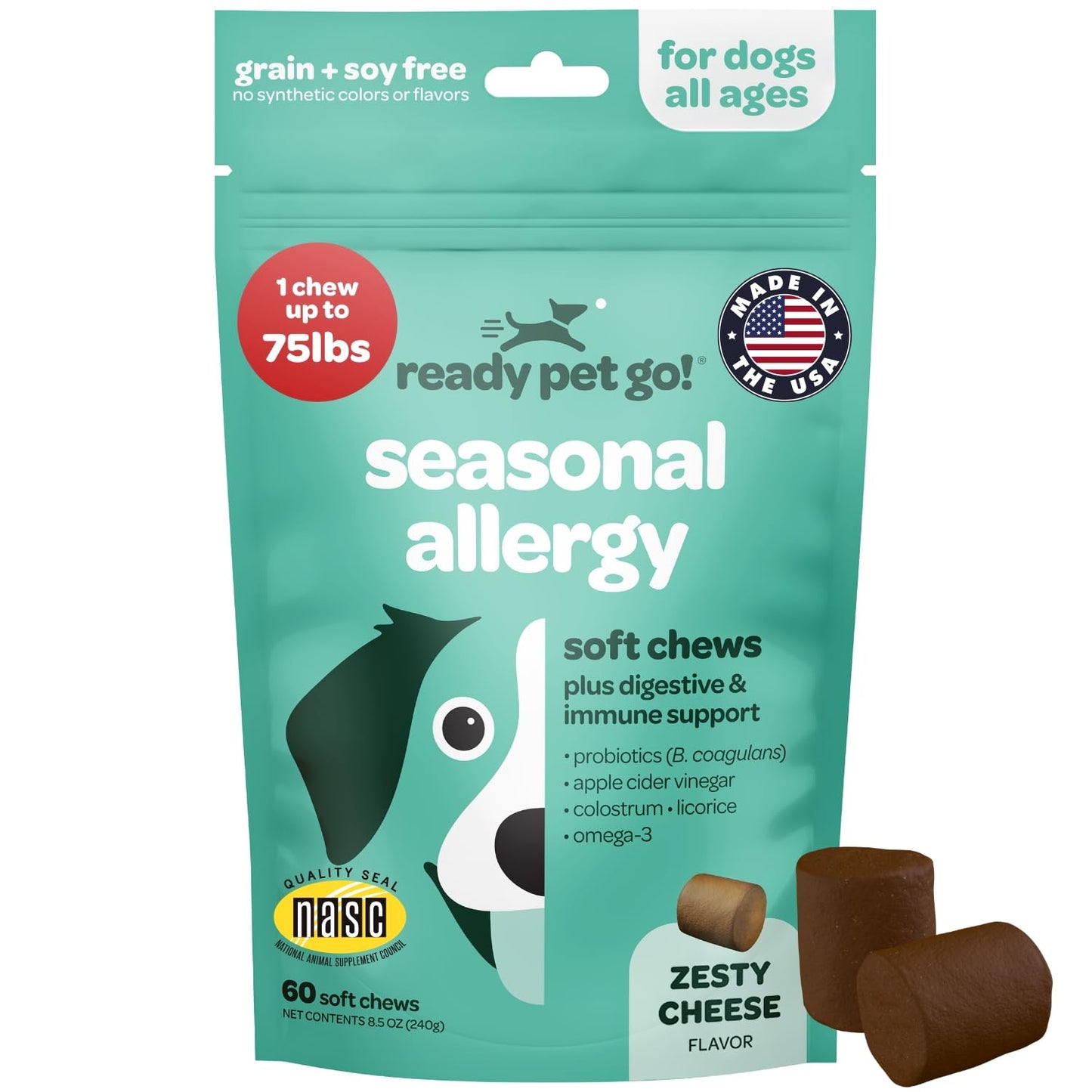 Dog Allergy Chews with Probiotics | Seasonal Allergy Chews for Dogs with Wild Alaskan Salmon Oil & Colostrum | Environmental Dog Allergy Support | NASC Certified & Made in The USA | 60 Chews