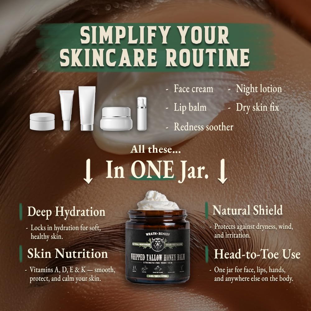Organic Beef Tallow for Skin - 4 OZ (Eucalyptus) — US-Made Grass Fed Beef Tallow for Face + Body — Whipped Tallow and Honey Balm Moisturizer for Dry and Sensitive Skin, Eczema, Rosacea (No Additives)