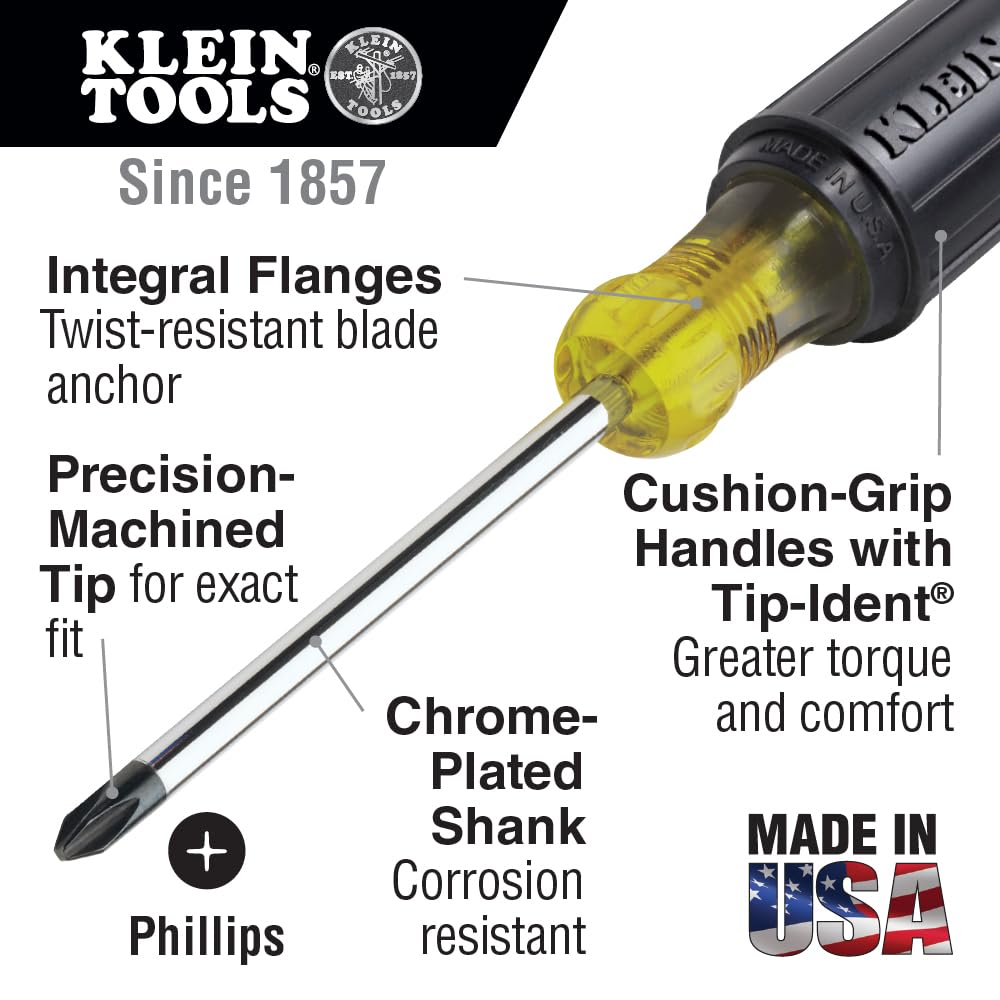 Klein Tools 85442 Screwdriver 2-Piece Set, Made in USA, 1/4 Keystone and #2 Phillips, Cushion Grip, Round and Square Shank, Heat Treated, Home Improvement