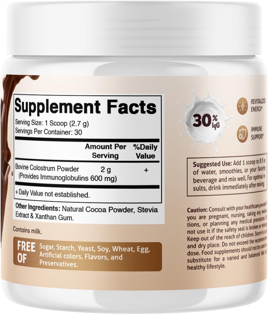 Vitamatic Bovine Colostrum Powder - Supplement for Gut Health, Hair Growth, Beauty, Muscle Recovery, & Immune Support - Easy to Mix - 30 Servings (30 Servings, Chocolate)