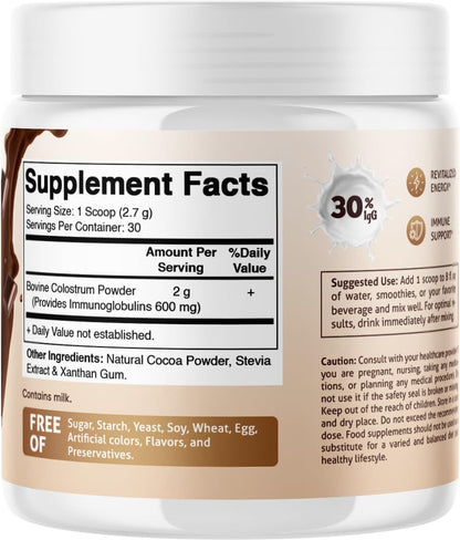 Vitamatic Bovine Colostrum Powder - Supplement for Gut Health, Hair Growth, Beauty, Muscle Recovery, & Immune Support - Easy to Mix - 30 Servings (30 Servings, Chocolate)