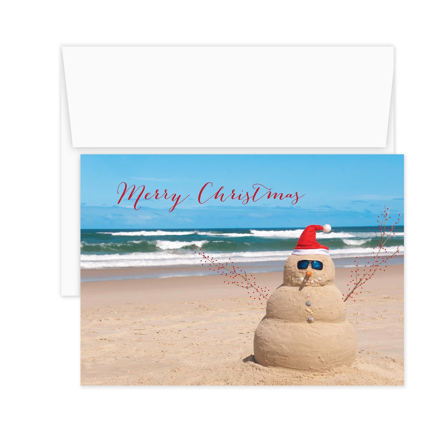 Canopy Street Masterpiece Beach Snowman Cards / 16 Merry Christmas Holiday Card Set With White Envelopes / 5 5/8" x 7 7/8" Winter Greeting Cards With Meaningful Inside Verse