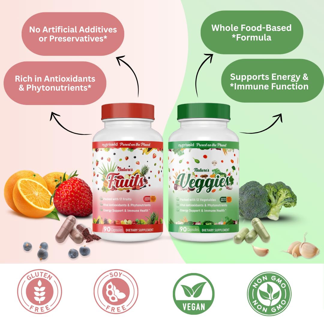 Nutrisold Whole Food Fruits & Vegetables Supplement – Superfood Blend for Energy, Digestion & Immune Support – 90 Fruit & 90 Veggie Capsules – Made in USA