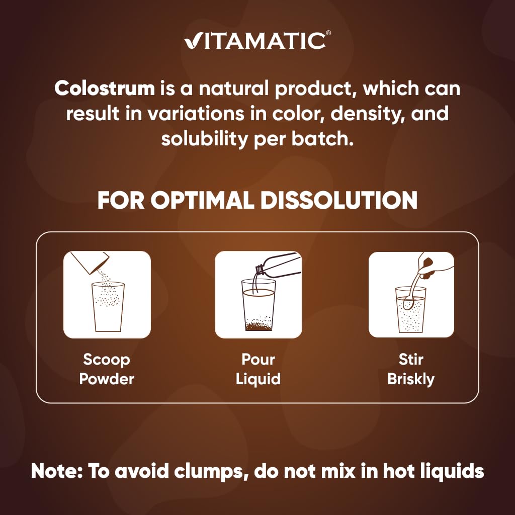 Vitamatic Bovine Colostrum Powder - Supplement for Gut Health, Hair Growth, Beauty, Muscle Recovery, & Immune Support - Easy to Mix - 30 Servings (30 Servings, Chocolate)