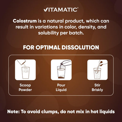 Vitamatic Bovine Colostrum Powder - Supplement for Gut Health, Hair Growth, Beauty, Muscle Recovery, & Immune Support - Easy to Mix - 30 Servings (30 Servings, Chocolate)