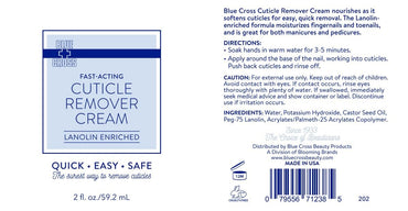 Blue Cross Cuticle Remover Cream for Dry Damaged Cuticles, Moisturizing Cuticle Softener for Nails, Professional Nail Care for Dry Manicures, Brittle Hang Nails, Made in USA, 2oz