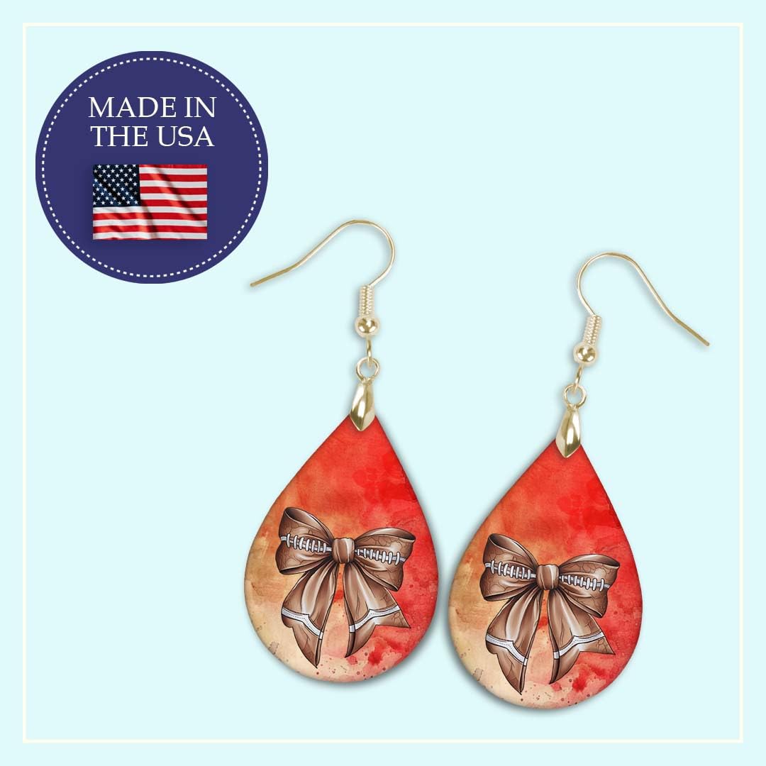 Football Dangle Earrings Coquette Bow Teardrop Hypoallergenic Stainless Steel Double-Sided Design Red and Gold Handmade by The Painted Pug