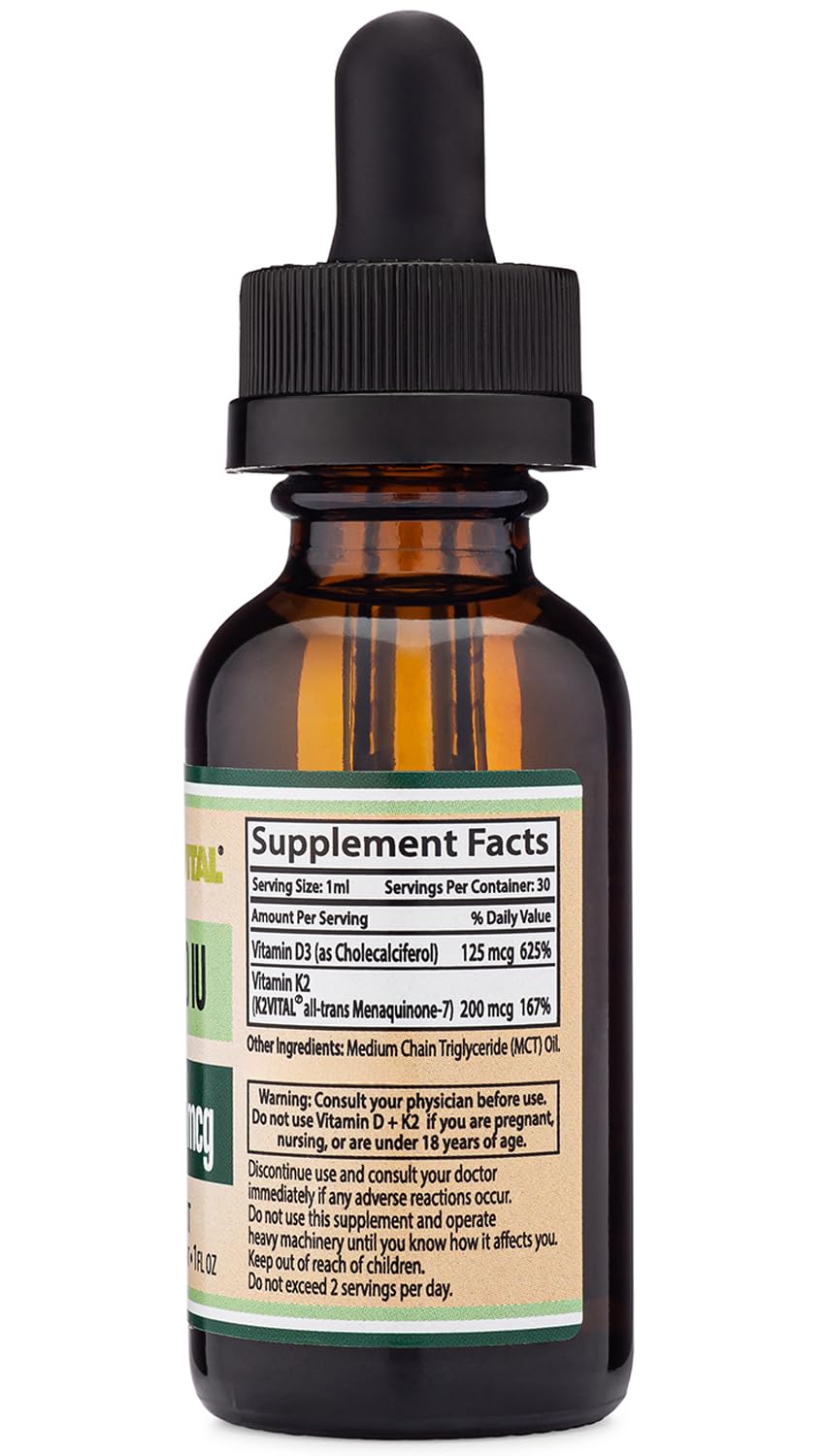 Vitamin D3 K2 5,000 IU Liquid Drops (5,000 IU of D3 and 200mcg of 99.9% All-Trans Patented K2 MK-7 (K2Vital)) Max Absorption Liquid Vitamin D Drops (30 Servings) by Double Wood