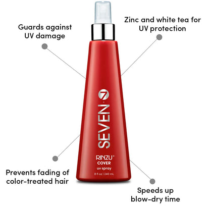 SEVEN Haircare Rinzu Cover UV Hairspray for Men & Women Hair Sunscreen Protection Hairspray for Fine, Medium, Thick Hair + Color Fading with Sunflower Seed Extract, Cruelty Free, Made in USA, 8 oz
