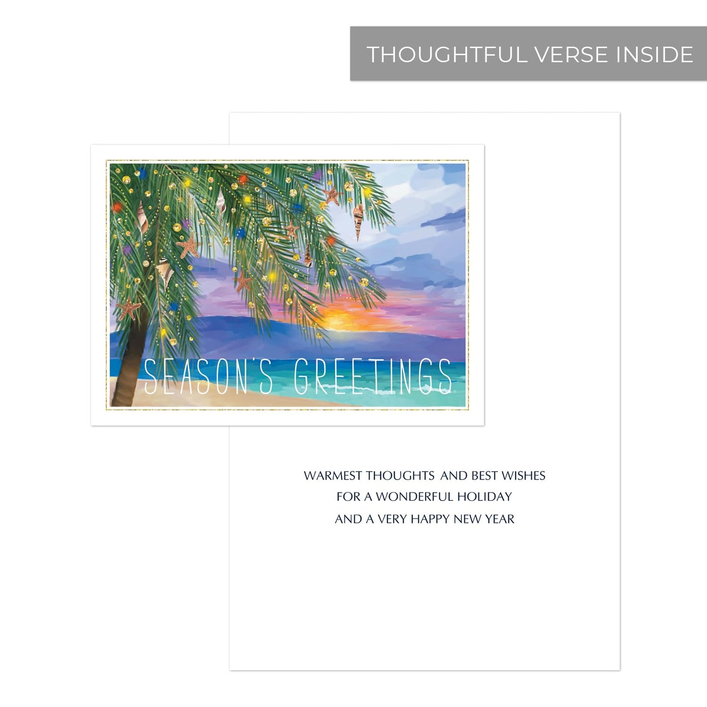 Canopy Street Masterpiece Tropical Sunset Cards / 16 Coastal Holiday Card Set With White Envelopes / 5 5/8" x 7 7/8" Warm Weather Palm Tree Vacation Greeting Cards With Meaningful Inside Verse