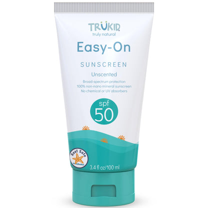 TruKid Easy On Mineral Sunscreen SPF 50 - All Natural Kids & Baby Sunscreen for Face & Body, Non-Toxic Zinc Oxide Sunblock Protection for Sensitive Skin, Unscented, FSA Eligible, Travel Size 3.4oz