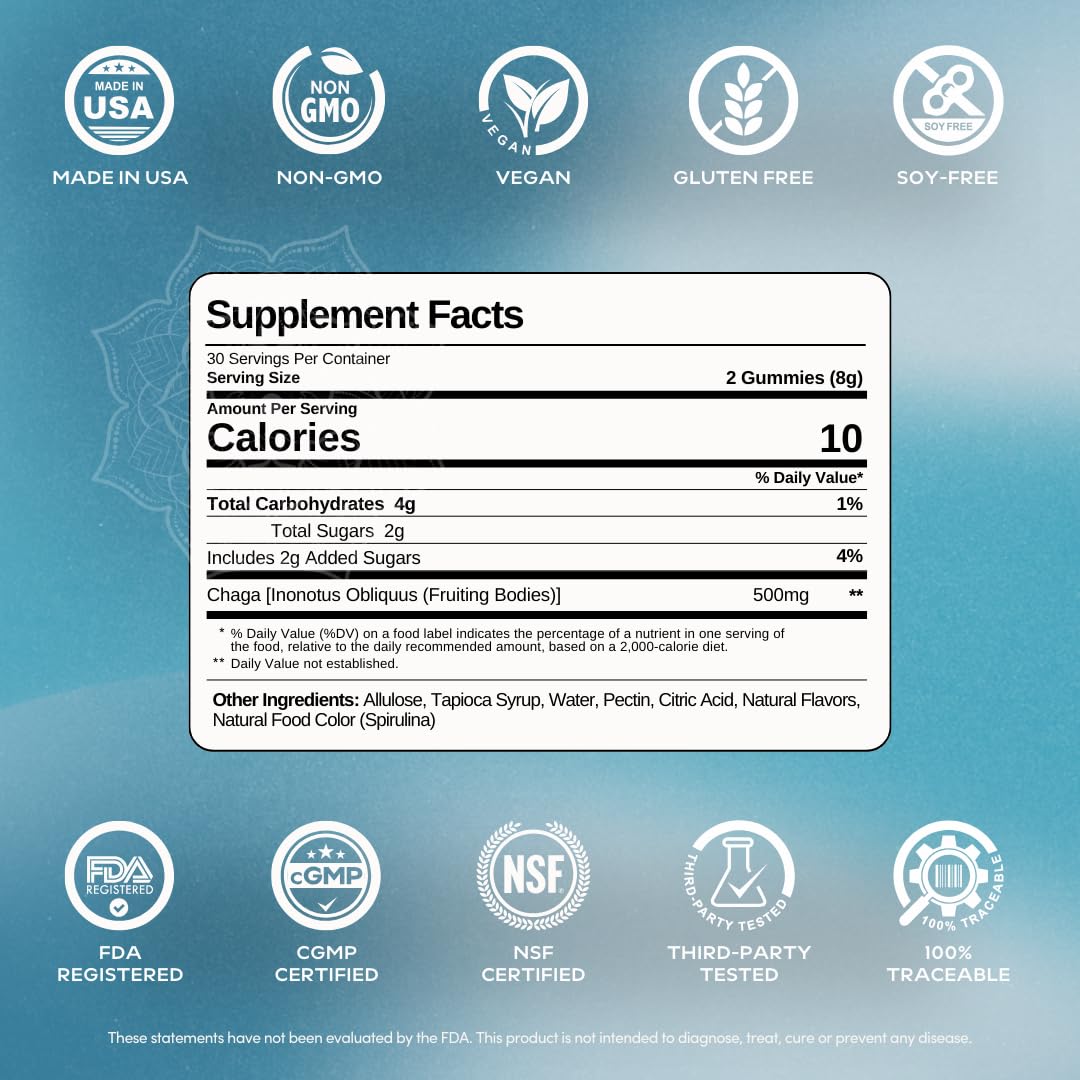 MYCL Detox Chaga Mushroom Gummies – Antioxidant & Immune Support Supplement – 250mg Fruiting Bodies – Vegan, Gluten-Free – Blueberry Lemonade Flavor – 60 Count