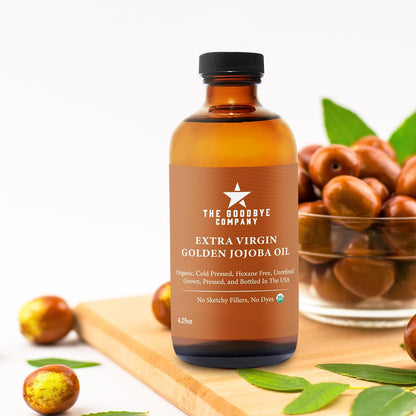 The Goodbye Company USDA Organic Extra Virgin Golden Jojoba Oil – 4.25 Fl Oz; Cold Pressed Unrefined Pure Jojoba Oil Certified Organic for Body and Facial Skin and Hair; USA Sourced with No Additives