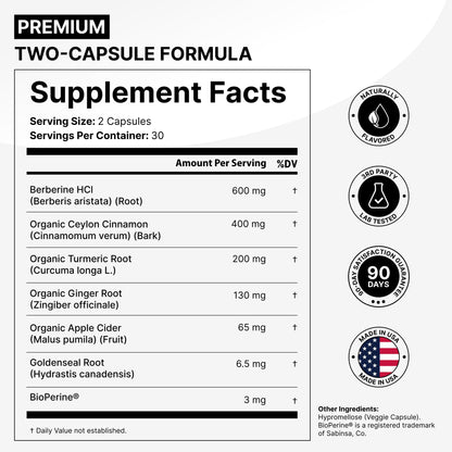 Berberine HCL 1400mg with Ceylon Cinnamon to Support Digestion & Metabolism - 7 in 1 Berberine Supplement, Ceylon Cinnamon, Bioprene, Turmeric, Ginger, Goldenseal & Apple Cider Complex - 60 Capsules