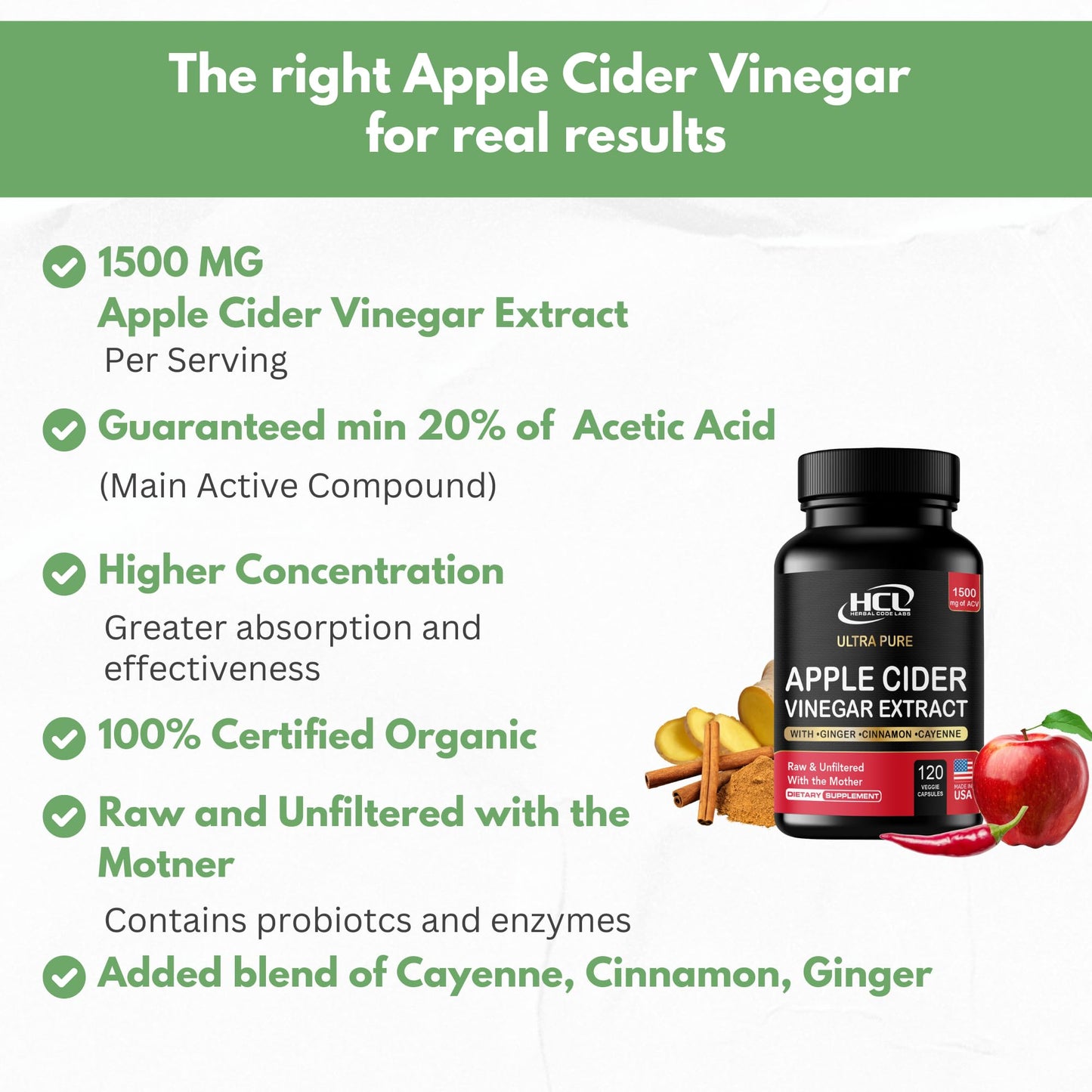 Organic Apple Cider Vinegar Capsules 1500 mg Extract with The Mother - Extra Strength Raw Apple Cider Pills w Ginger Cayenne Cinnamon - Natural Detox Potent Digestion Cleansing System ACV Supplement