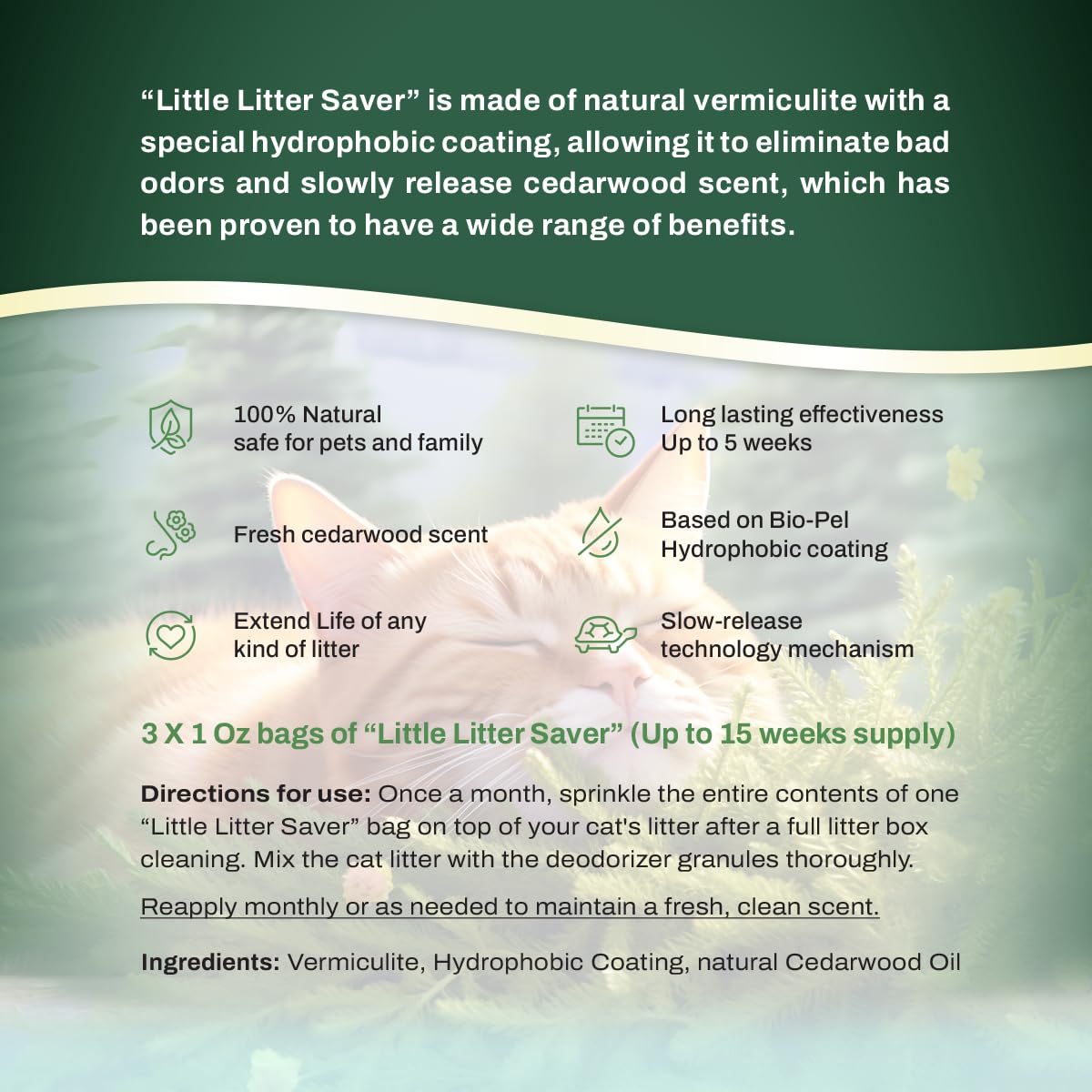 LITTLE SAVER Little Litter Saver | a New Generation Of Cat Litter Box Deodorizer | Unique Formula for Slow Release | Natural Fresh Scent | Up to 15 Weeks Supply | 3 x 0.5oz bags (Cedar)