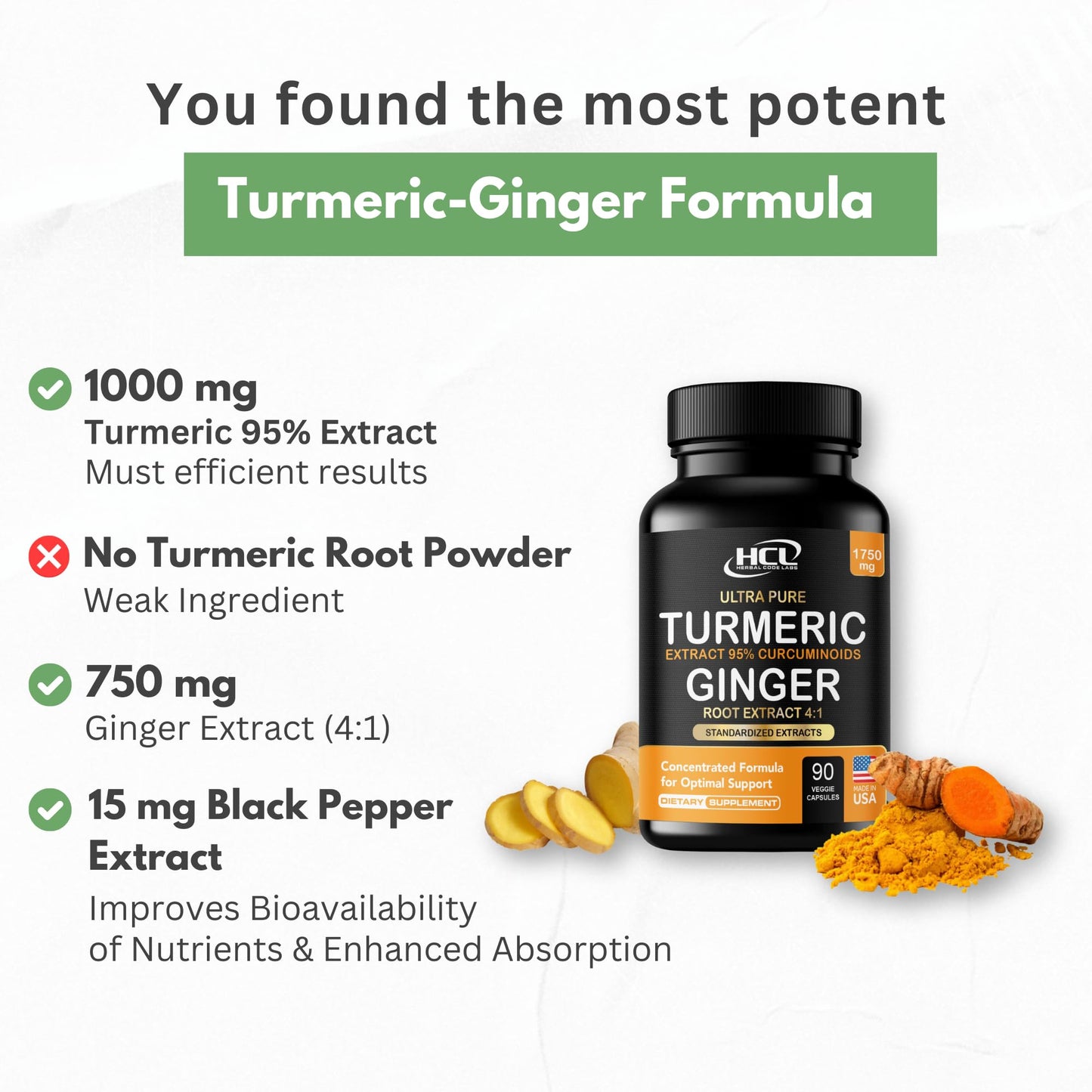 Turmeric Curcumin with Ginger – 1750mg High-Potency Formula with 95% Standardized Curcuminoids and Ginger Extract – Black Pepper for Enhanced Absorption – 60 Vegan Capsules