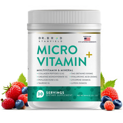 Dr Brad Stanfield Collagen Peptides + Creatine Monohydrate + Psyllium Husk + Taurine + TMG + Hyaluronic Acid + MultiVitamin & Mineral (30 Servings, Mixed Berry)