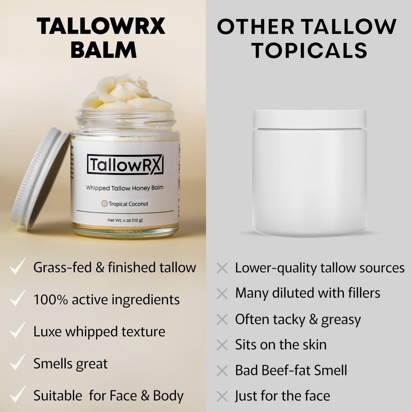 TALLOWRX 100% Grass-Fed Beef Tallow for Skin – Whipped Tallow Honey Balm, Pure & Organic Moisturizer for Face & Body with Manuka Honey, Jojoba & Calendula – Deep Hydration & Soothing (4 oz, Lavender)