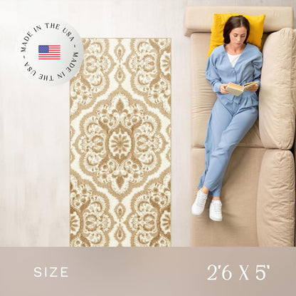 Maples Rugs Vivian Medallion Runner Rug - Made in USA - Washable, Non Slip, Indoor Carpet for Hallway, Kitchen, and Laundry Room, 2'6 x 5', Beige
