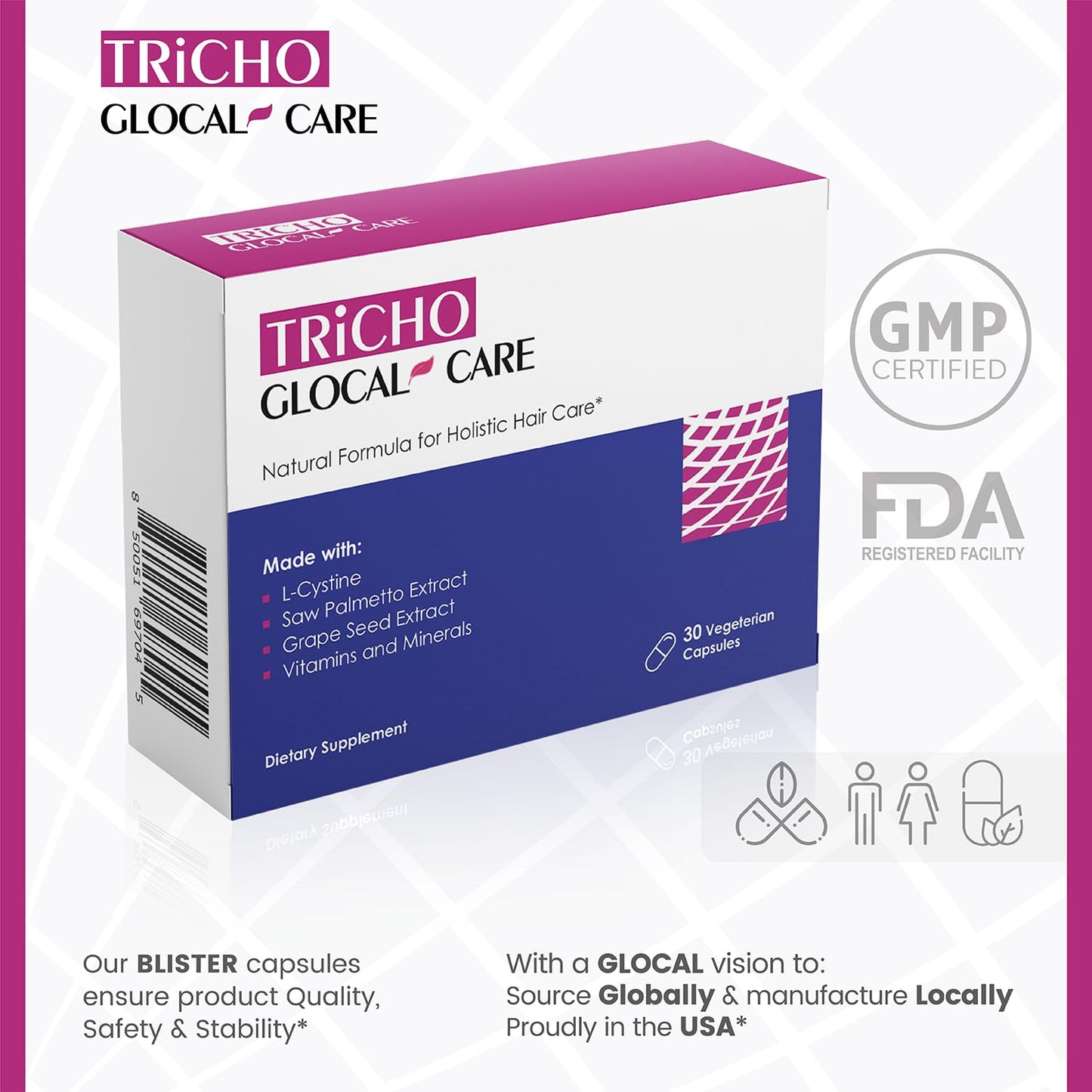 GlocalCare Tricho - Hair Growth Supplement, DHT Blocker with Saw Palmetto, 5000mcg Biotin & L-Cysteine - Revitalizes Thinning Hair, Stimulates Follicles & Promotes Regrowth in Men & Women - 30 ct