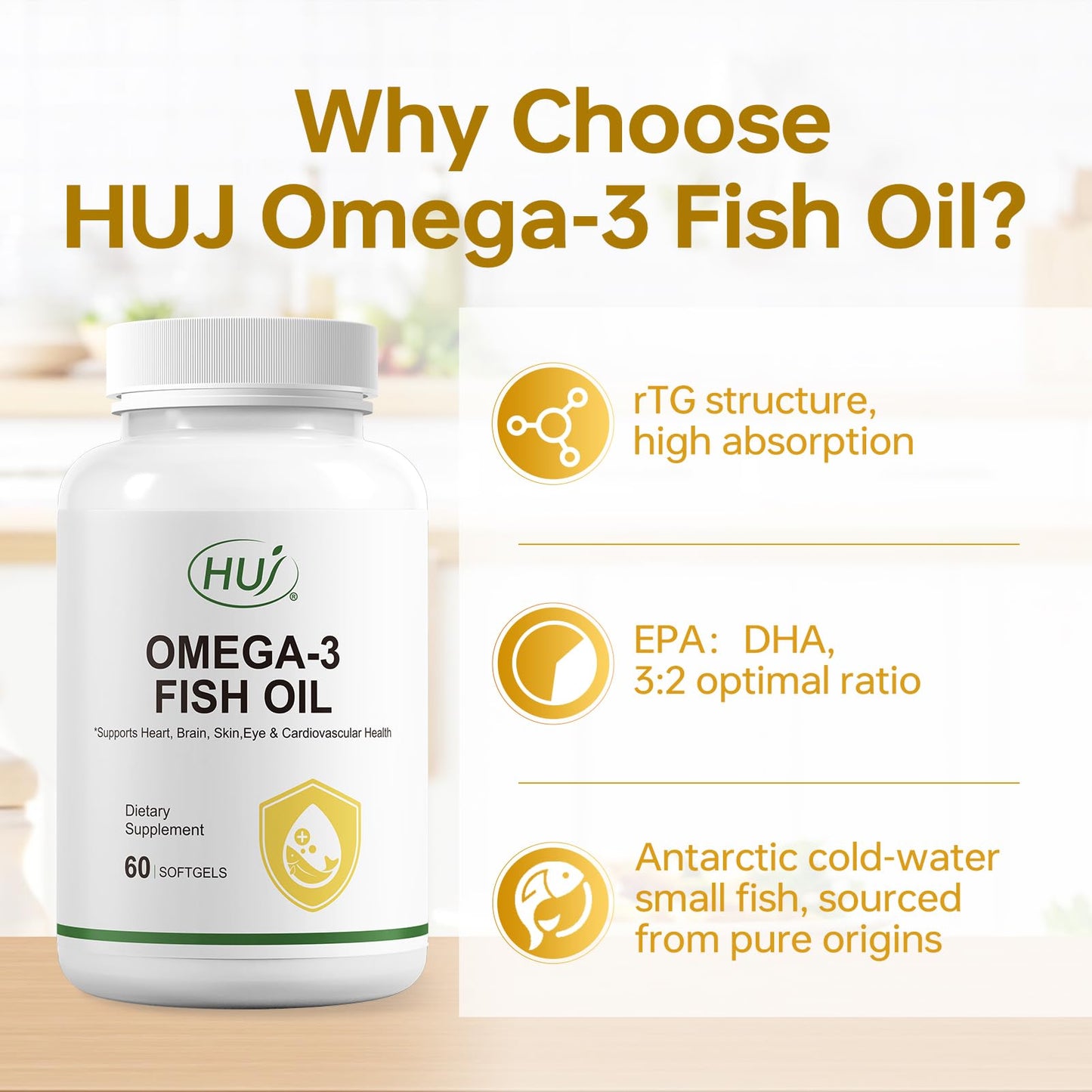 HUJ Omega 3 Fish Oil 1000mg Softgels - EPA+DPA, Fish Oil Omega 3 for Heart, Brain, Skin, Eyes & Cardiovascular Support *- 60 Softgels