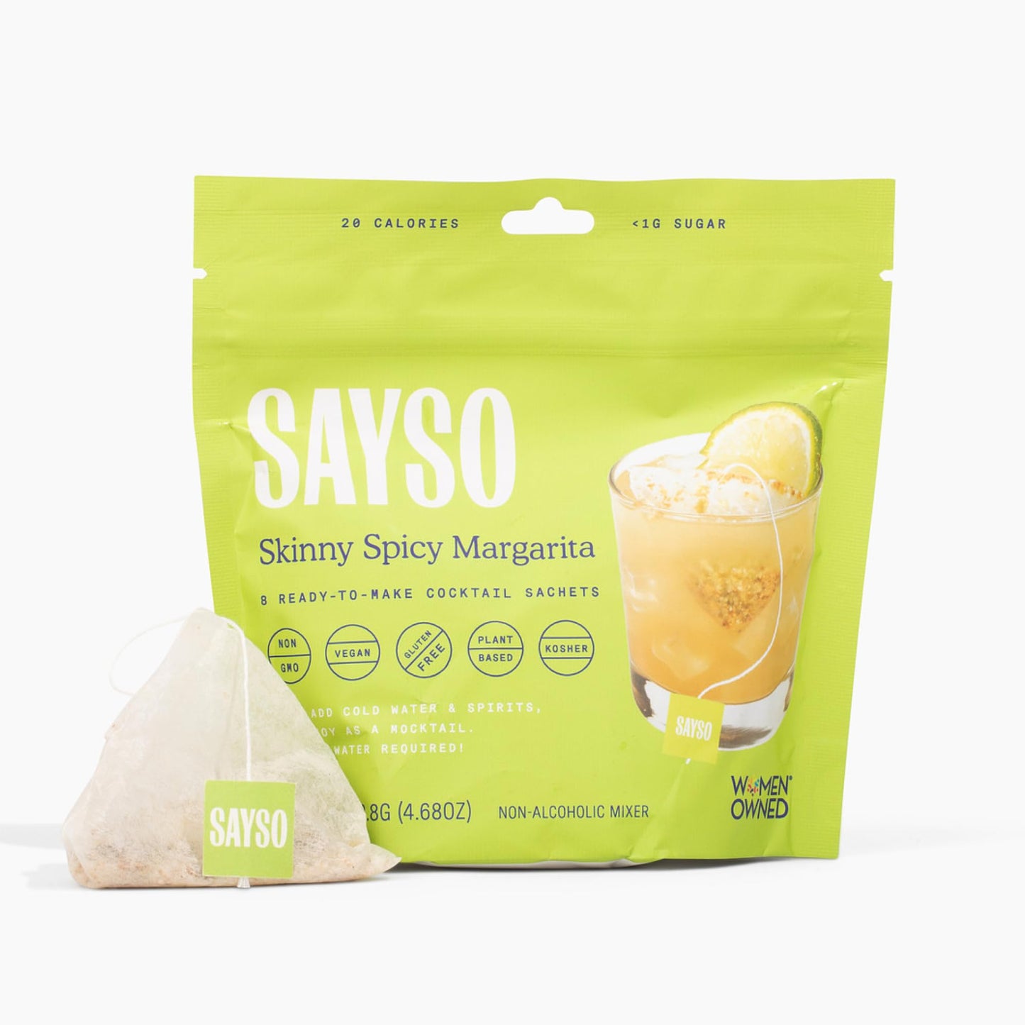 SAYSO Skinny Spicy Margarita Original Cocktail Tea Bag | Cocktail or Mocktail in Under 1 Min, Without Hot Water, <1G Sugar, 20 Calories, Non-GMO, Gluten-free, Kosher & Vegan Mixer, 8 count