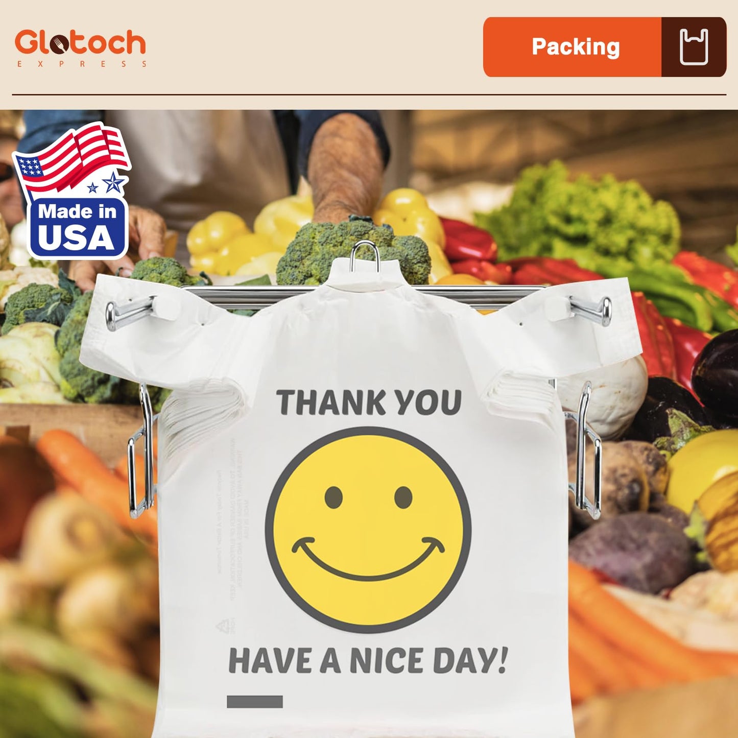 Glotoch 1000 Count - Plastic Thank You T-shirt Bags Smile Face White, 11.5 x 6.5"x 21" Grocery Bags with Handles for Restaurant, Retail, Grocery Store, Takeout, Convenience Stores, Shopping Bag in Bulk